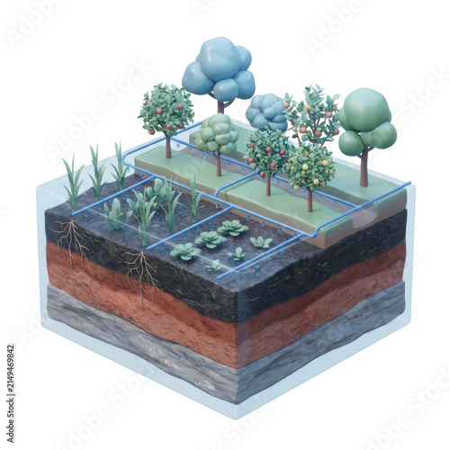 Subtainability Soft 3D Illustration sustainability soft 3d illustration of soil layers and irrigation for organic garden growth