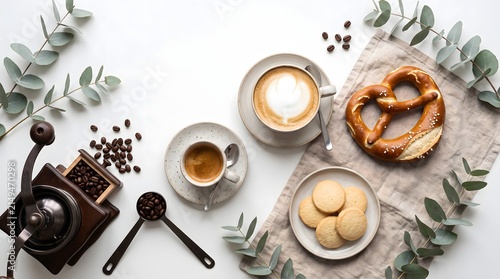 Minimal German Coffee Flat Lay for International Coffee Day with Coffee Beans and Pretzel