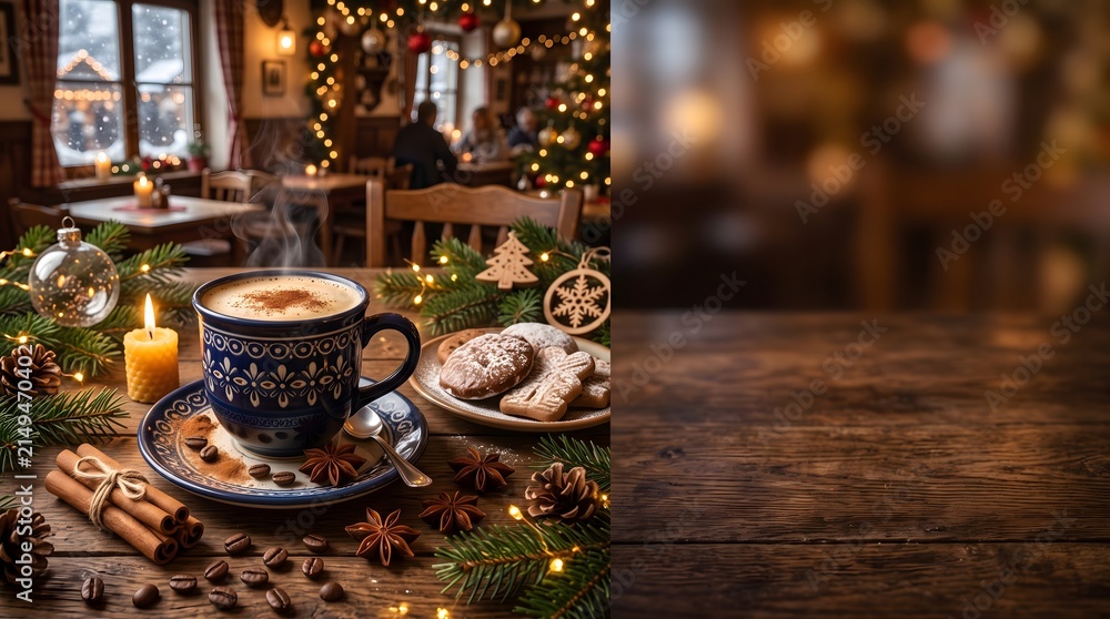 Fototapeta premium German Christmas Coffee Celebration for International Coffee Day with Gingerbread and Holiday Spices