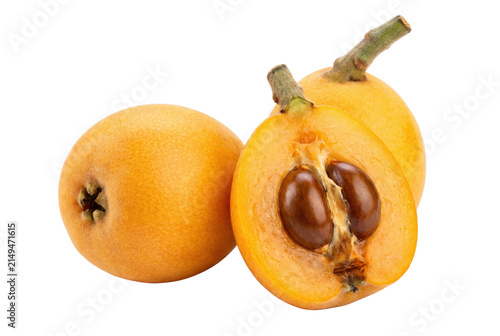 Konstfotografi Fresh Ripe Loquat Fruits and One Half Showing Seeds