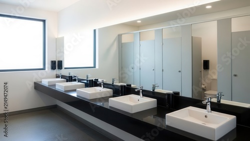 Modern public bathroom with sinks and stalls