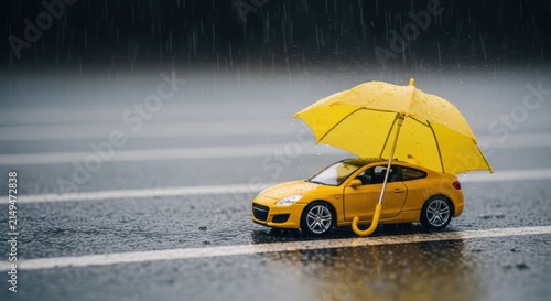 Car protected by umbrella from rain on wet road