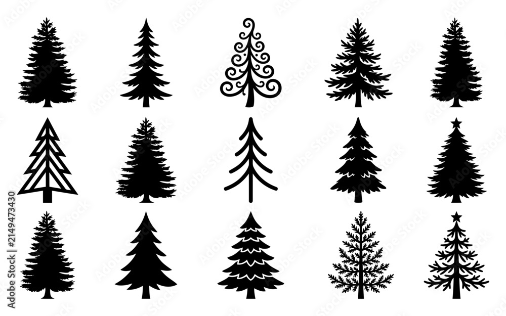 Obraz premium Collection of various black pine and fir tree silhouettes for christmas and winter season design projects