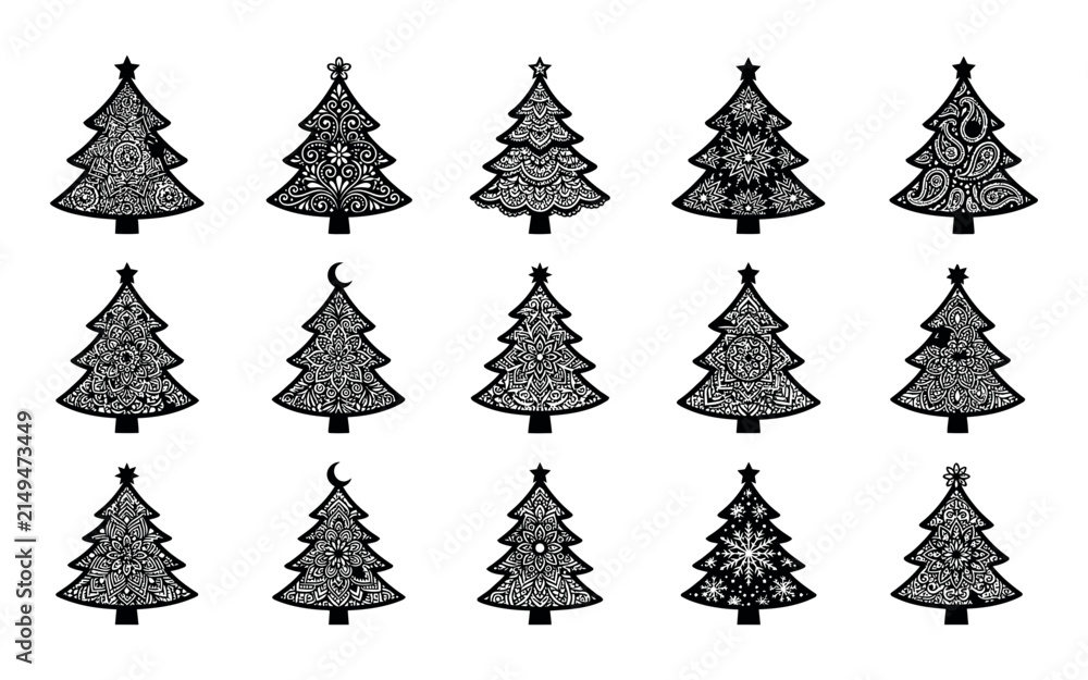 Obraz premium Set of fifteen decorative christmas tree silhouettes with intricate mandala and floral patterns for holiday design projects