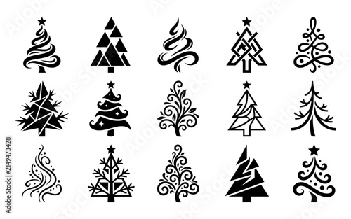 Collection of various stylized christmas tree icons and silhouettes for holiday design and festive winter greeting cards