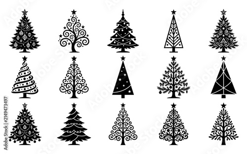 Set of fifteen decorative christmas tree silhouettes in various artistic styles isolated on a white background