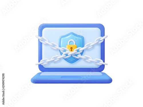 3d laptop icon with shield and padlock secured by chains isolated on transparent background