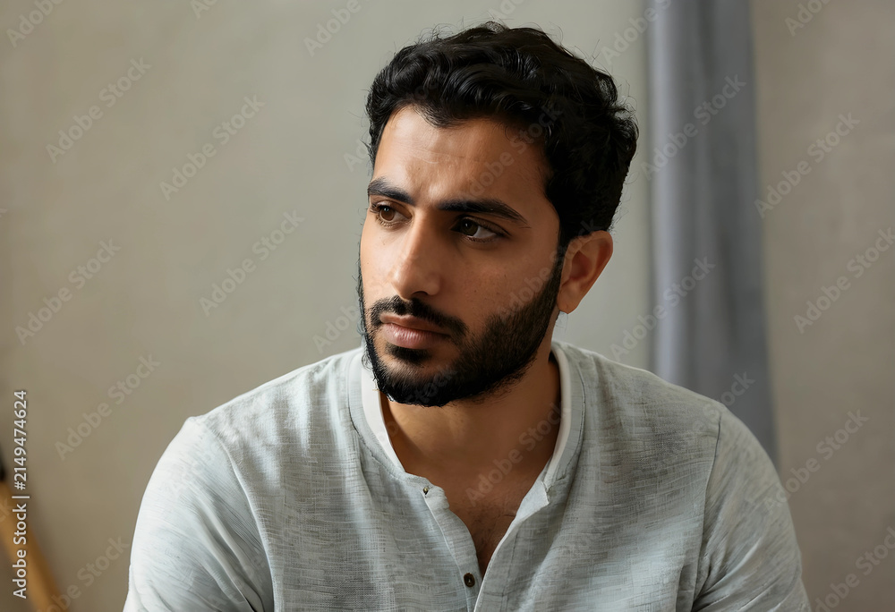 Obraz premium Young middle eastern man with a beard and dark hair looking away, thoughtful expression, casual attire, indoor setting