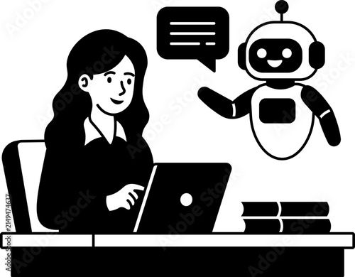 woman working with ai robot clipart vector outline