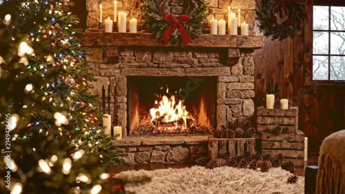 Coszy christmas living room featuring glowing stone fireplace with flickering flames decorated mantel and illuminated tree create warm holiday atmosphere clip.