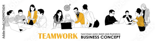Collaborative scene with diverse professionals. Team members engage in brainstorming and discussion. Bright yellow accents highlight key individuals. Focused expressions convey active problem-solving