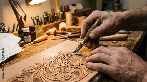 Skilled artisan's hands carving an intricate floral design into natural leather using a professional swivel knife in a traditional leathercraft workshop with vintage tools and warm lighting
