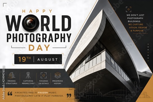 Modern architectural photography day celebration poster featuring sleek building lines and creative camera lens graphics with elegant gold and black tones