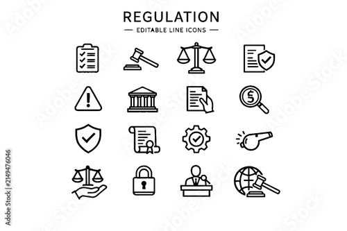 Canvastavla Regulation and Compliance Line Editable Icon Set with Law, Audit and Governance