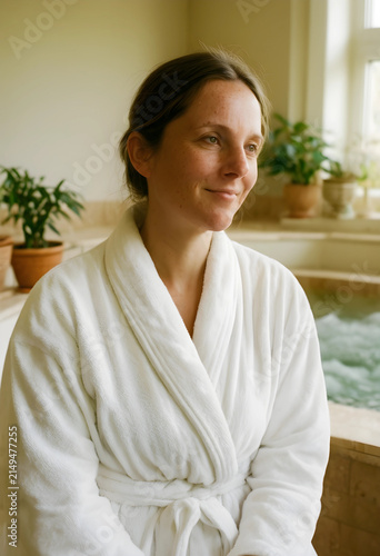 Smiling woman in a white ba...