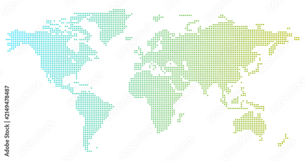 Fototapeta premium World Map Pixel Art: A stylized world map created from tiny pixels in a gradient of blue, green, and yellow, symbolizing global connection and information.