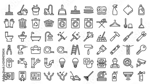 Konstfotografi Home care cleaning and maintenance linear icon set with editable thin line symbo