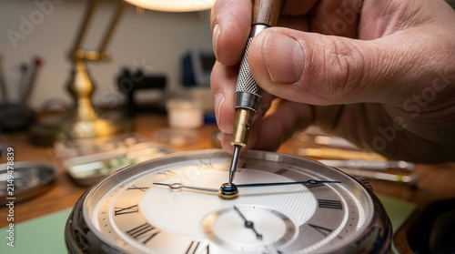 Close-up View of a Skilled Watchmaker's Hand Using a Precision Tool to Repair a Luxury Mechanical Watch with Roman Numerals, Showcasing Traditional Craftsmanship in a Professional Workshop.