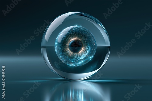 Obraz na płótnie Hyper realistic glowing crystal eye with reflective surface with illuminated inner radiance surrounded subtle light reflections smooth