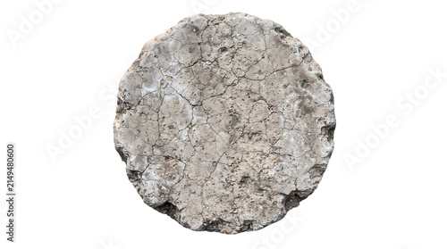 Roughly circular piece of cracked concrete with visible aggregate texture and rough edges isolated on transparent background transparent background