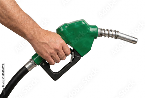 Hand Holding a Green Gas Pump Nozzle for Refueling