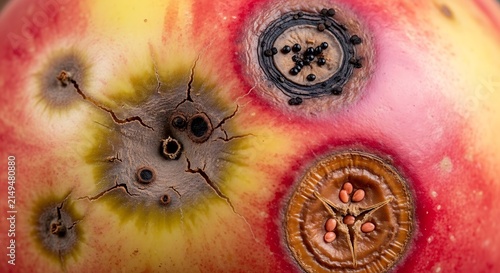 Close up of decaying apple skin showing various rot spots and fungal growth
