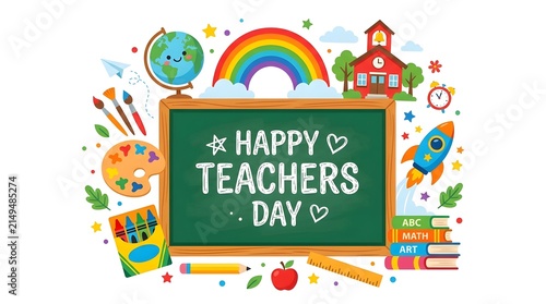 Colorful hand drawn illustration celebrating happy teacher day with school supplies and chalkboard