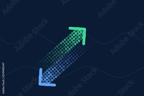 Halftone arrow chart showing growth and decrease on dark blue finance background