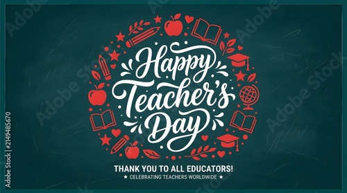 Happy teacher day greeting card design with school supplies on a chalkboard background