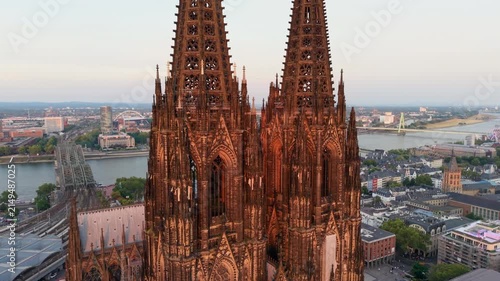 Aerial View of Cologne Cathedral and the surrounding city landscape at sunset. Germany