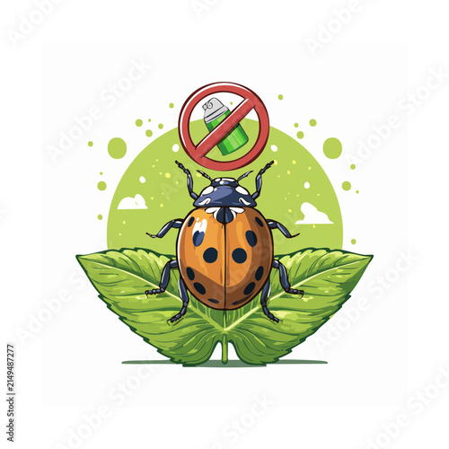Ladybug on Green Leaves with No Pesticides Symbol Vector Illustration.
