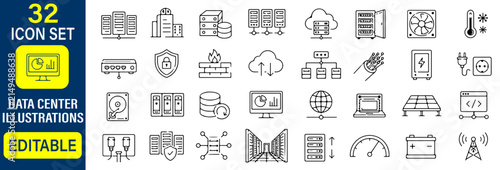32 Data Center Vector Outline Icons Set – Server Infrastructure, Cloud Computing, Network Systems and IT Technology Line Symbols Collection