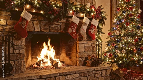 Cozy living room atmosphere at christmas night featuring a vibrant fireplace with burning logs and a beautifully decorated glowing pine tree with ornaments.