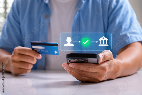 Hand Holding Smartphone and credit or debit card with Social Network Icon for Digital Communication