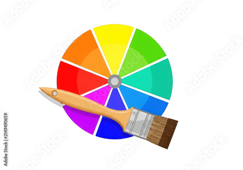 A vibrant color wheel divided into eight distinct segments with a wooden handled paintbrush resting diagonally across the center, isolated on a solid black background