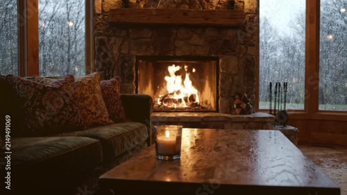 Cozy living room interior with roaring fireplace and rainy window view offering warm ambience and inviting atmosphere with soft flickering candlelight on table.