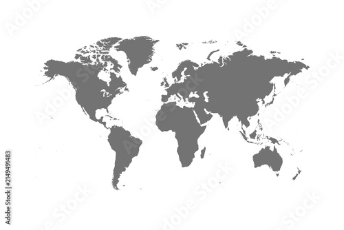 A black polygon world map, with a solid silhouette of all continents, isolated against a transparent background. A versatile graphic for global projects.