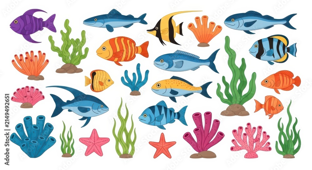 Fototapeta premium Diverse underwater marine life and coral reef elements illustration
