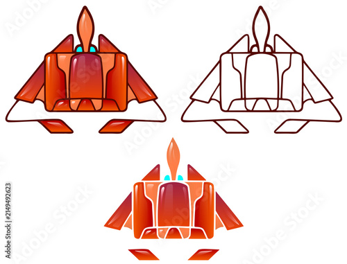 FUTURISTIC SPACESHIP VECTOR ICON. CARTOON SCI-FI JET FIGHTER ROCKET ILLUSTRATION. SYMMETRIC ORANGE SPACESHIP SPRITE FOR GAME ASSET