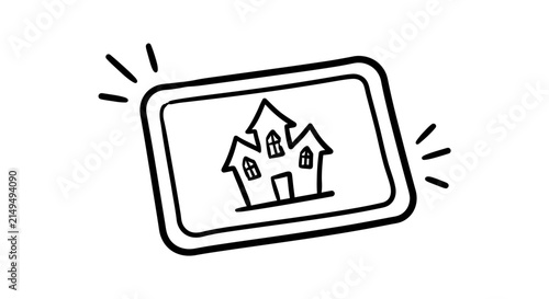 Line art of a tablet screen displaying a house.