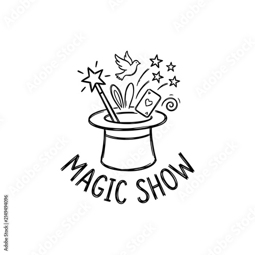 Magic show emblem with top hat and wand.
