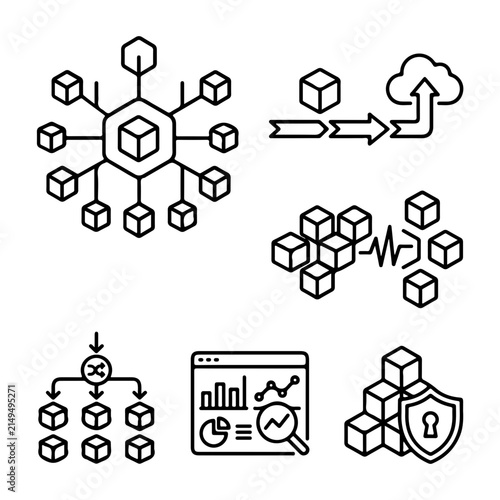 Blockchain technology outline icons set with cloud and shield symbols. Modern cryptocurrency, network and data analytics symbols for crypto apps.