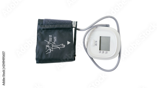 Digital blood pressure monitor with arm cuff for home health tracking pressure healthcare hypertension measurement screening clinical diagnostic wellness electronic hospital equipment