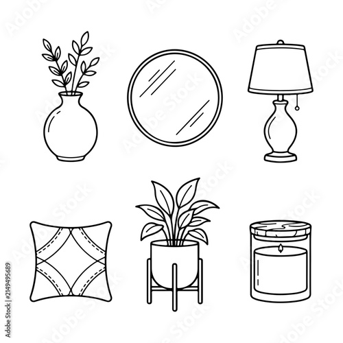 Hand drawn home decor vector icons set. Minimalist line art illustration of vase with flowers, table lamp, mirror, throw pillow, potted plant and candle for interior design projects.