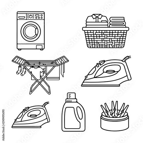 Laundry outline icons set. Wash, iron, and dry clothes. Minimalist line art collection with washing machine, basket, and detergent.