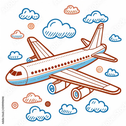 Airplane flying amidst whimsical clouds  