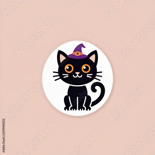 Cute black cat wearing a purple witch hat on soft pink background  