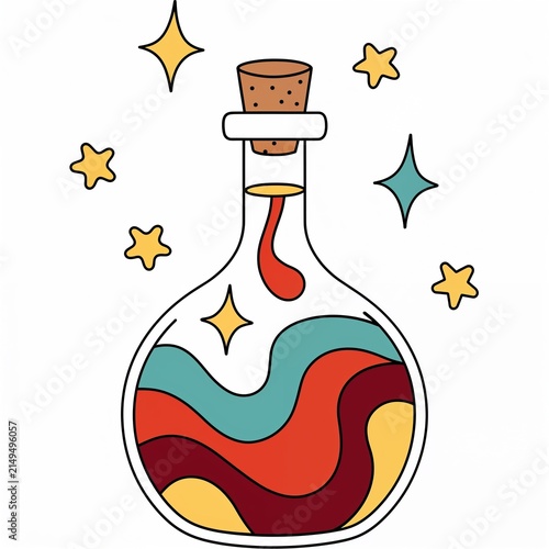 Colorful potion in a glass bottle with stars and sparkles  