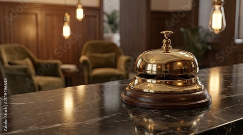 Brass hotel bell on marble reception counter.