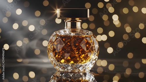 Luxury perfume bottle on smoky background with golden bokeh.